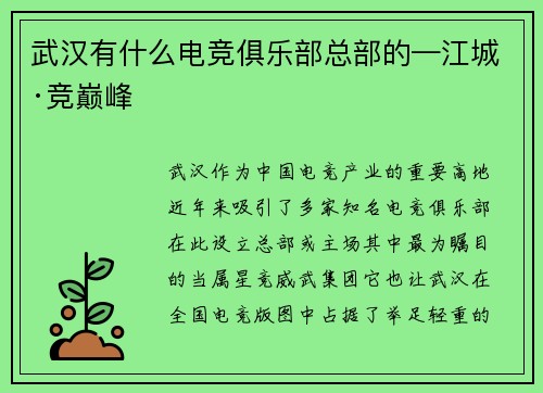武汉有什么电竞俱乐部总部的—江城·竞巅峰